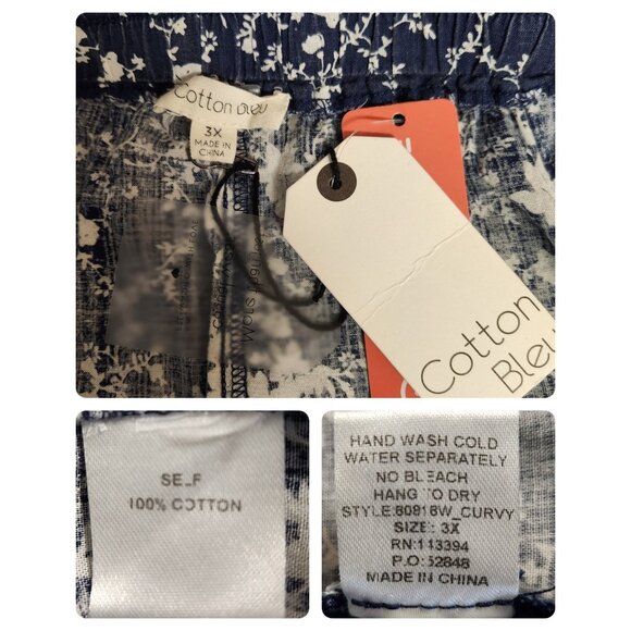 Cotton Bleu 3X Shorts Navy Blue & White Floral Print Elastic Waist Pockets NWT - Picture 5 of 6